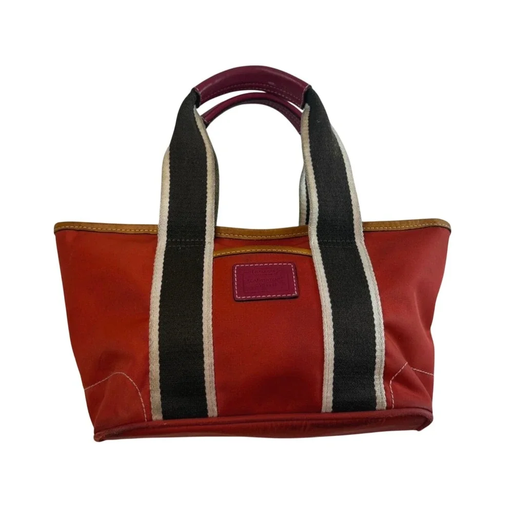 Flawed Gem! Coach Hamptons Weekend Canvas Tote Bag Brown Striped Leather Trim